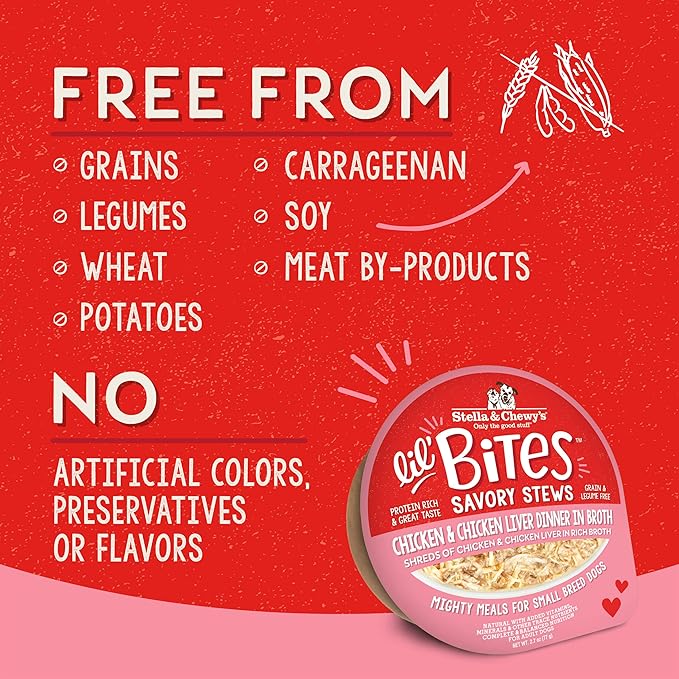 Stella & Chewy's Lil Bites Savory Stews for Small Breeds Chicken & Chicken Liver Dinner in Broth,2.7 oz. Cups,(Pack of 24)