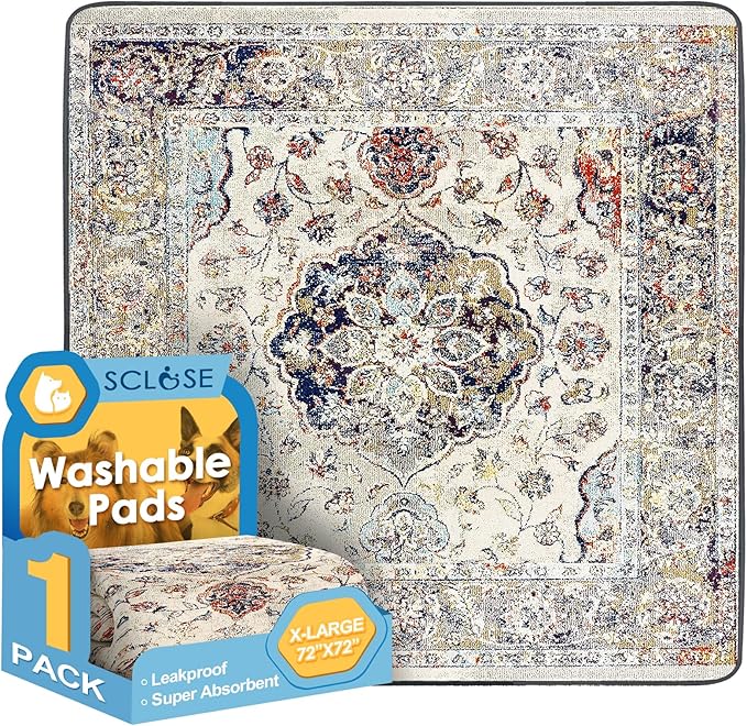 SCLOSE Washable Pee Pad for Dogs Extra Large, 72" x 72" Reusable Puppy Pads Waterproof Dog Rugs, Super Absorbent, Leakproof, Dog Crate Pad, Playpen Mat, Whelping Pads, Vintage Medallion