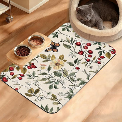 Butterfly Flower Dog Food Mat,Vintage Berry Absorbent Pet Feeding Mat for Food and Water Bowl,Quick Dry Dog Placemat Non Slip Rubber Backing Waterproof Pet Supplies 16" x 24"