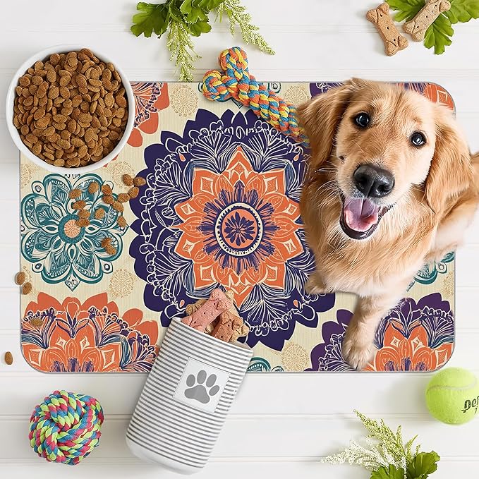 Mandala Flower Dog Cat Food Mat,Vintage Boho Floral Absorbent Pet Feeding Mat with Rubber Backing,Non-Slip Water Bowl Placemat,Indoor Pet Accessories Supplies 12"x20"