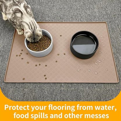 Ptlom Dog Food Mat Waterproof Pet Bowl Mats with High Lips, Non-Slip Dog Placemat Prevent Messy Spills to Floor, Silicone Puppy Feeding Tray for Small, Medium Large Dogs Cats, Taupe, 24.5" 16.5"