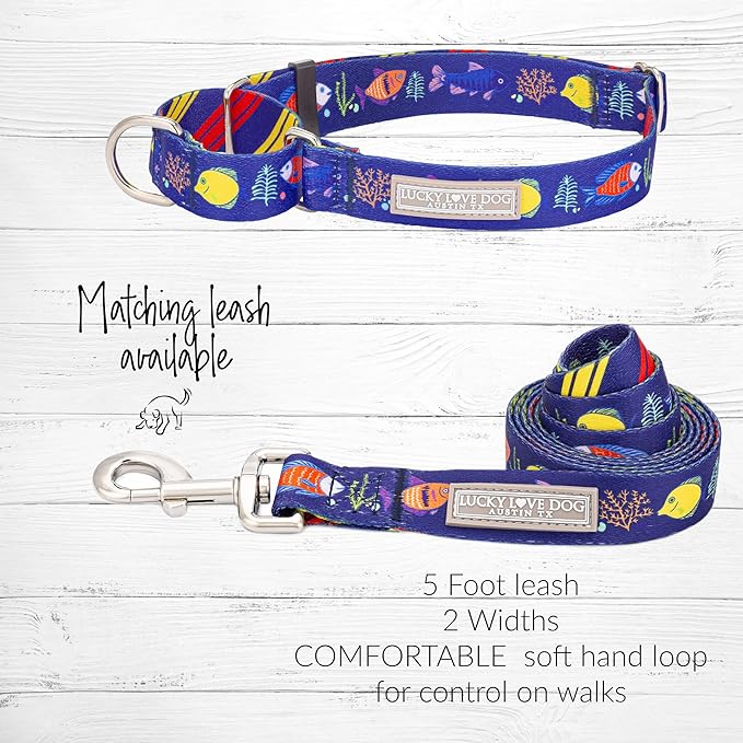 Lucky Love Dog Martingale Collar, Blue Color No Slip Collars for Large Dogs, Tropical Fish Pattern Martingale Collar, Great for Whippets, Greyhounds, and More (Mackey, Large)
