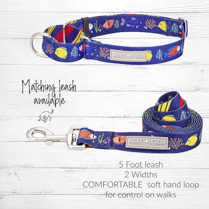 Lucky Love Dog Tropical Fish Pattern Martingale Collar and Leash Set, Blue Color No Slip Collars for Medium Dogs, Great for Whippets, Greyhounds, and More (Mackey, Medium - Combo)