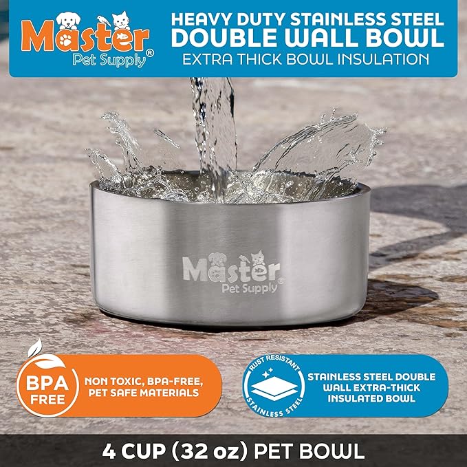 Master Pet Supply Stainless Steel Dog Bowls - 32 oz, Heavy Duty - Stainless Steel, Double Wall Extra-Thick Insulated, Non-Slip Pet Water Bowl for Dogs, Cats & Pets, Anti Rust Metal, Dish Washer Safe