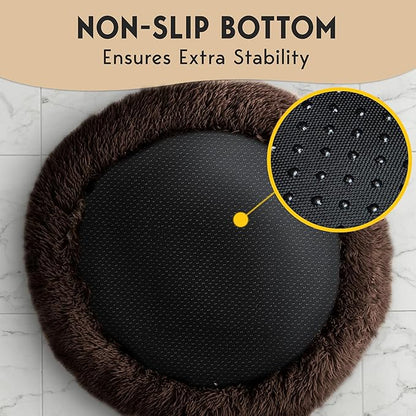 PetJett Calming Dog Bed for Small Dogs – 23" Donut Dog Beds, Anti-Slip & Washable Fluffy Plush Faux Fur Pet Bed, Anti-Anxiety Premium Comfort Round Puppy Bed, Fits Dogs up to 25 lbs – Brown
