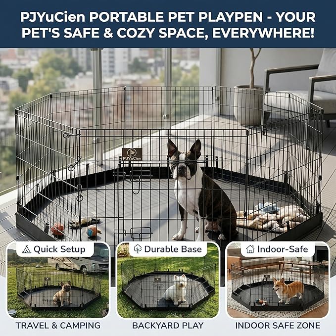 PJYuCien Dog Playpen with Bottom Pad - Metal Foldable Exercise Pen, 8 Panels 30" H x 24" W Indoor Outdoor Pet Fence Puppy Crate Kennel, Black