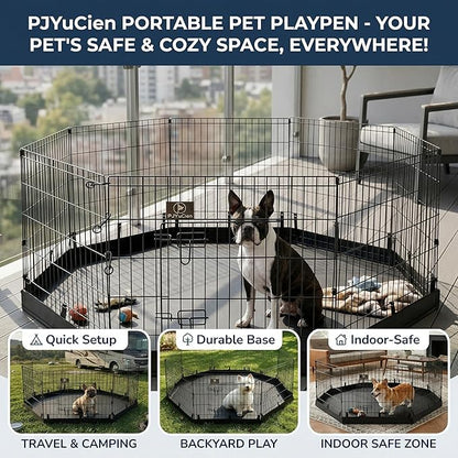 PJYuCien Dog Playpen with Bottom Pad - Metal Foldable Exercise Pen, 8 Panels 30" H x 24" W Indoor Outdoor Pet Fence Puppy Crate Kennel, Black