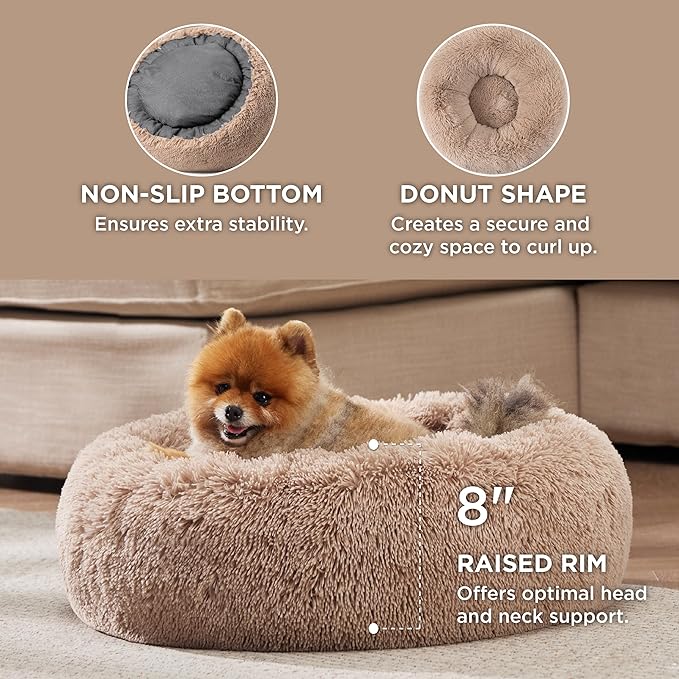 Bedsure Calming Cat Beds for Indoor Cats - Small Cat Bed Washable 20 inches, Anti-Slip Round Fluffy Plush Faux Fur Pet Bed, Fits up to 15 lbs Pets, Camel (Pack of 2)