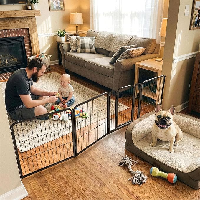 FXW Dog Gate Extra Wide Designed for Indoor Use, Adjustable Width Up to 92-inch Wide (24" H 4 Wire Panels for Puppies and Small Dogs), Black