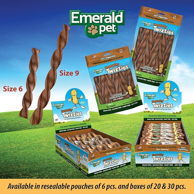 Emerald Pet Twizzies Rawhide Free 100% Digestible Natural Dog Lasting Chew Treats, Made in USA Size 6, Peanutty Peanut Butter Multipack