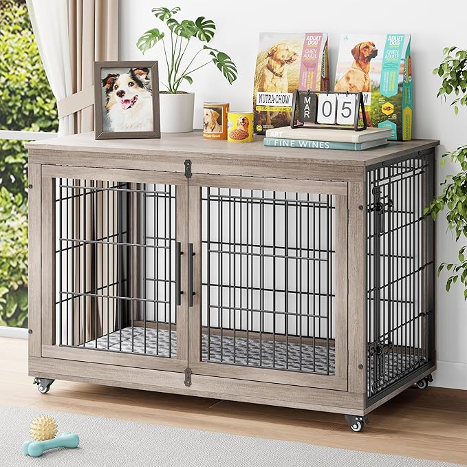 YaFiti Dog Crate Furniture with Cushion Set of 2, Wooden Dog Kennel Indoor with Double Doors, Dog Cage with Wheels, Dog House Side End Table for Large Dogs up to 85 lb, 44" L, Grey