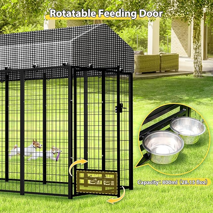 Large Outside Dog Kennel, Outdoor Dog Run Enclosure 8'x4'x6'（Including The roof） Dog Pen House with Roof Cover Heavy Duty Welded Wire Steel Dog Playpen Animal Fence with Feeding Door