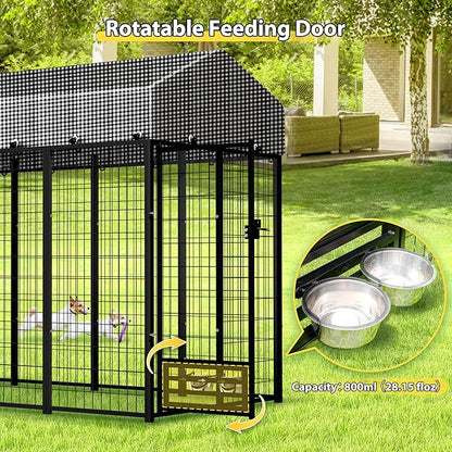 Large Outside Dog Kennel, Outdoor Dog Run Enclosure 8'x4'x6'（Including The roof） Dog Pen House with Roof Cover Heavy Duty Welded Wire Steel Dog Playpen Animal Fence with Feeding Door