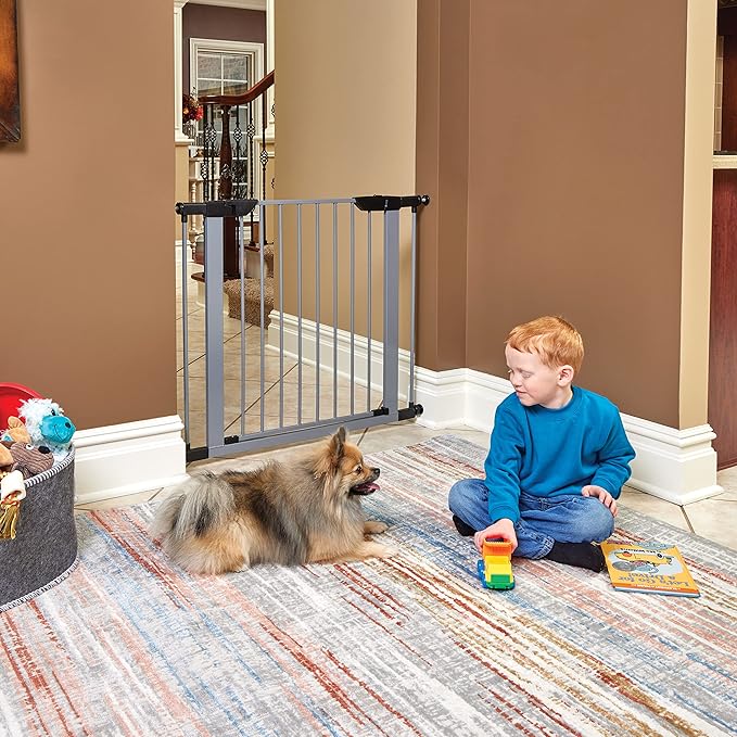MidWest Homes for Pets 29-Inch High Walk-thru Pressure Mounted Gray Steel Dog Gate, Expands to 38 Inches Wide, No Damage to Walls, Includes 3-inch Extensions, For Small Pets