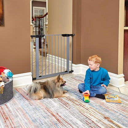 MidWest Homes for Pets 29-Inch High Walk-thru Pressure Mounted Gray Steel Dog Gate, Expands to 38 Inches Wide, No Damage to Walls, Includes 3-inch Extensions, For Small Pets