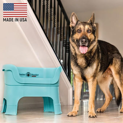 Neater Feeder Deluxe Mess-Proof Elevated Dog Bowls for Large Dogs (40+ lbs), 2 Height Adjustable (14.5” & 17.5”) No-Spill Raised Dog Bowl Stand, Stainless Steel Food Bowl Set, Made in USA, Aquamarine
