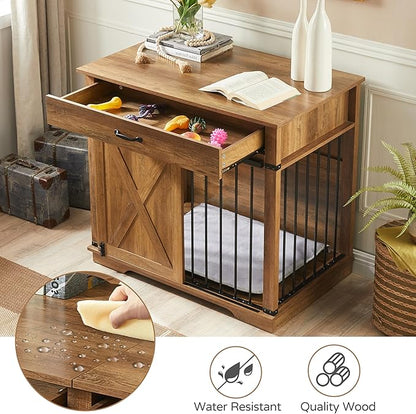 37.8" Furniture Style Dog Crates with Drawer, Farmhouse Wooden Dog Kennel Furniture with Sliding Barn Door & Water Resistant for Small/Medium/Large Dog, Rustic Oak