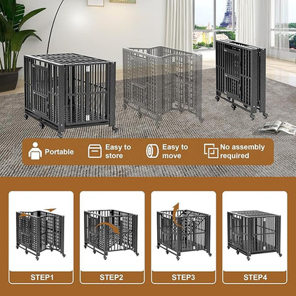 Polar Aurora Heavy Duty Dog Crate, Foldable Indestructible Dog Kennel, Escape Proof Extra Large Dog Cage with Lockable Wheels, High Anxiety Pet Playpen with Double Door for Indoor/Outdoor Use. (60in)