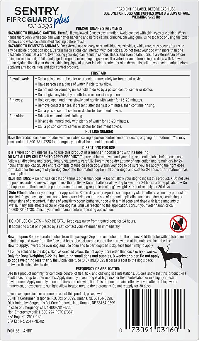 Sentry 3 Count Fiproguard Plus for Dogs Squeeze-On, 5-22-lbs (Pack of 2)