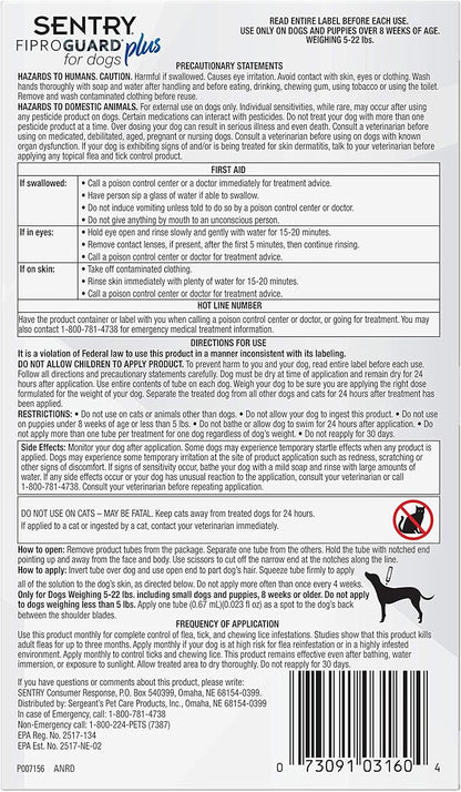Sentry 3 Count Fiproguard Plus for Dogs Squeeze-On, 5-22-lbs (Pack of 2)