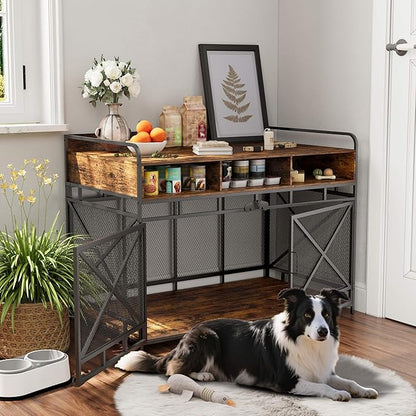 Fulhope Dog Crate Furniture, 48" Heavy Duty Wooden Dog Crate End Table, XL Dog Kennel Furniture Large Breed, Decorative Dog Kenne Indoor with 3 Drawers & Steel Tubes 48" L x28 W x36 H (Rustic Brown)