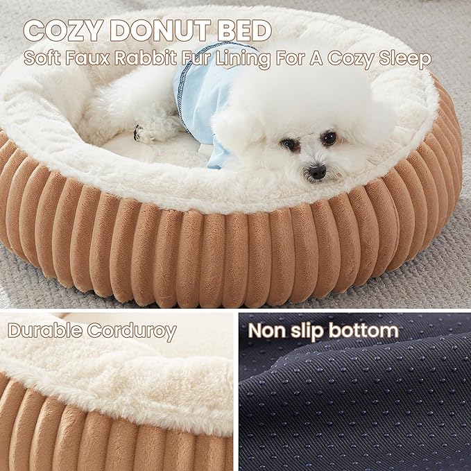 23 inches Donut Dog Bed for Small Dogs - Calming Round Puppy Bed with Removable Cover, Washable Milk Plush Faux Fur Pet Bed for Cats, Fits Pets up to 15 lbs(Mocha,Small)