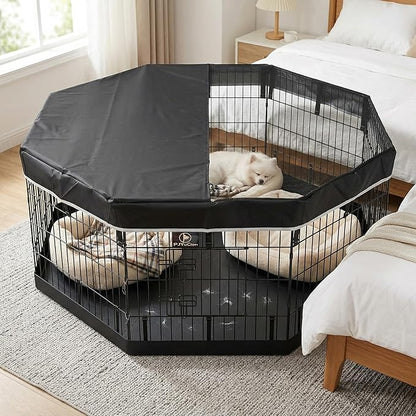 PJYuCien Dog Playpen with Top Cover and Bottom Pad - Metal Foldable Exercise Pen, 8 Panels 24" H x 24" W Indoor Outdoor Pet Fence Puppy Crate Kennel, Black