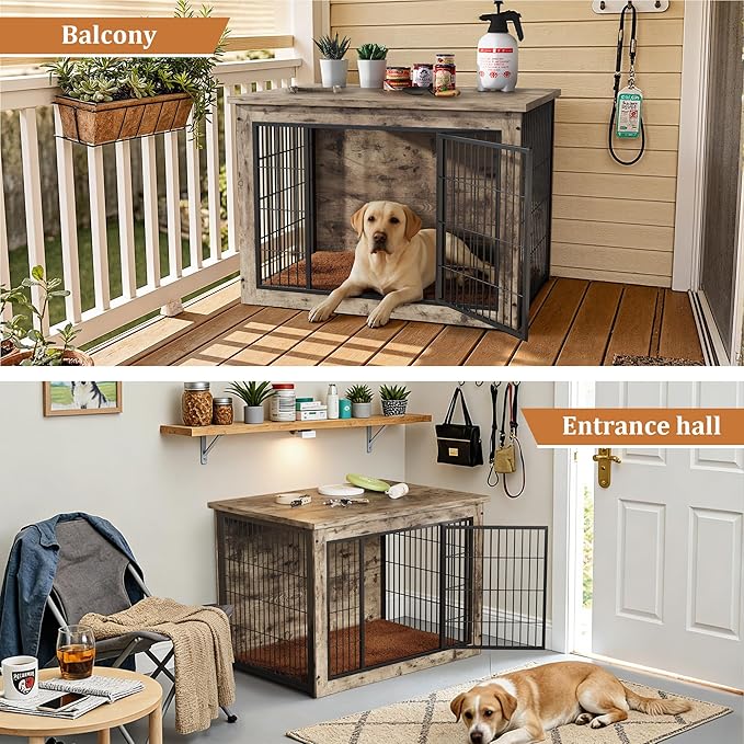 Greesum Modern Dog Crate Furniture That Doubles as a Side Table - Sturdy Wooden Kennel with Double Door Design, Equipped with Soft Cushion & Chew-Resistant Resign, Suitable for Dogs