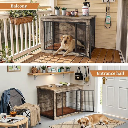 Greesum Modern Dog Crate Furniture That Doubles as a Side Table - Sturdy Wooden Kennel with Double Door Design, Equipped with Soft Cushion & Chew-Resistant Resign, Suitable for Dogs