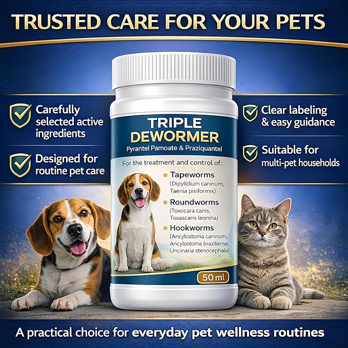 De-wormer for Cats and Dogs, Broad Spectrum Pet Wormer with Pyrantel Pamoate and Praziquantel Targets Tapeworm, Roundworm, and Hookworm, Easy Formula