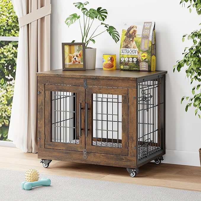 YaFiti Dog Crate Furniture with Cushion, Wooden Dog Kennel Indoor with Double Doors, Dog Cage with Wheels, Dog House Side End Table for Small Dogs up to 30 lb, 27.2" L, Rustic Brown