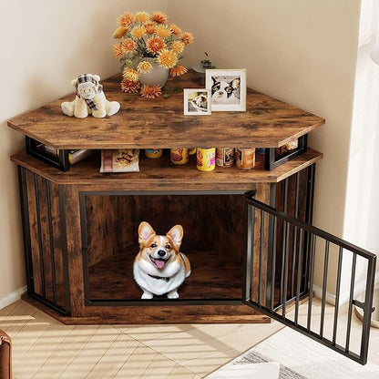 IRONCK 44" Corner Dog Crate with 2-Tier Shelves, Wooden Dog Kennel Furniture, Dog Kennel Indoor Furniture for Small and Medium Dogs, Rustic Brown (23.6" L x 43.3" W x 32.3" H)