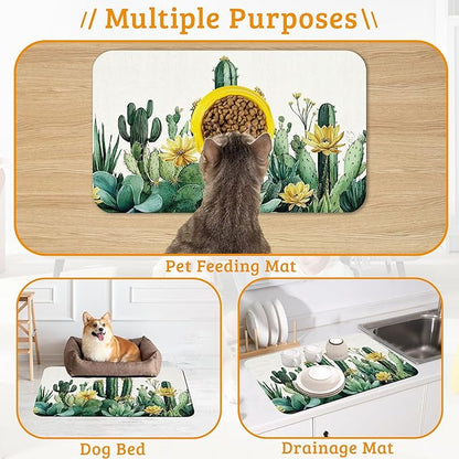 Tropical Cactuses Feeding Mat,Blooming Succulents Absorbent Quick-Dry Cat Dog Food and Water Bowl Mats,Non-Slip Rubber Backing Mat,Cat Dog Accessories Supplies 12" x 20"