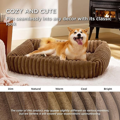 Bedsure ComfyFleece™ Cute Dog Bed for Large Dogs - Washable Furry Puppy Beds, Rectangle Orthopedic Corduroy Fleece Pet Beds with Removable Zipper Cover, 36x27x8inches, Camel Brown
