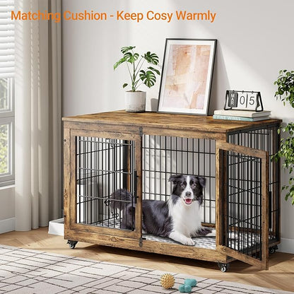 Lulive Dog Crate Furniture, XL Wooden Dog Kennel Indoor Double Doors Dog Cage, 44'' Heavy Duty Dog Crate with Cushion & Wheels, Decorative End Table Pet House Chew-Resistant for Large Dogs, Brown