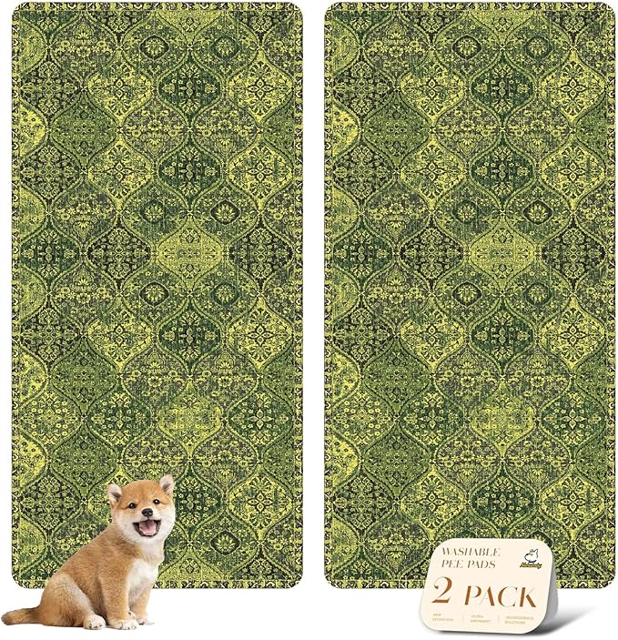 nunubaby Washable Pee Pads for Dogs, Stylish, Non-Slip and Leak-Proof Pee Pads. Reusable Potty Pads for Dogs for Crates and Floors.(Green/Multi, 36" x72" )