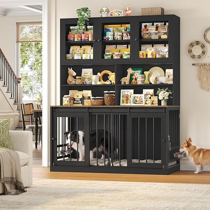 HOSTACK 71" Tall Dog Crate Furniture, 55" W Dog Kennel with Storage Hutch, XL Dog Crate for 2 Dogs with Feeding Bowls, Indoor Heavy Duty Dog Cage with Removable Room Divider, Wooden Pet House, Black