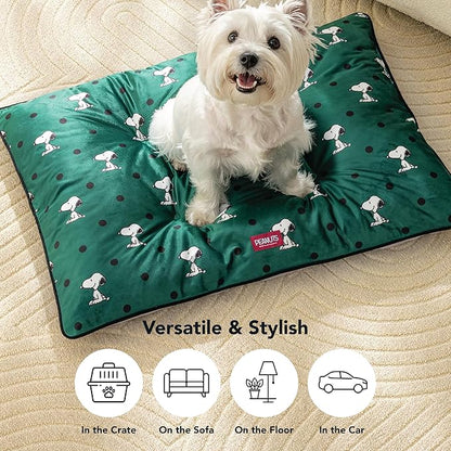 Berkshire Peanuts® Square Dog Bed, Suedemink Fleece Pet Mat with Waterproof & Non-Slip Bottom, Soft Plush Dog Mat for Crate, Couch, or Floor, Machine Washable(Snoopy Sitting Dot Green, Medium)