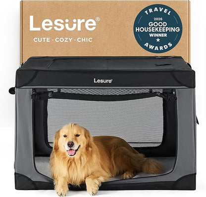 Lesure Shown on TODAY Show Soft Collapsible Dog Crate - 42 Inch Portable Travel Crate for Extra Large Dogs Indoor & Outdoor, 4-Door Foldable Pet Kennel with Mesh Windows, Black