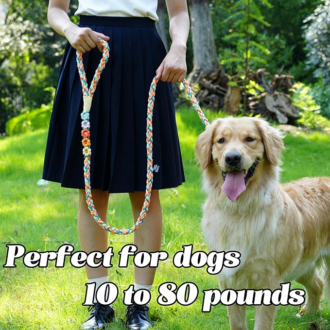 Handmade 5ft Braided Cotton Dog Leash with Unique Floral Handle, Durable and Stylish, Ideal for Small to Large Dogs,Rainbow Mix