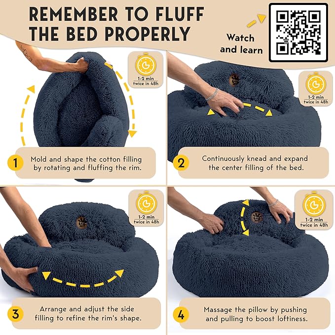 PetJett Dog Beds Large Sized Dog - 36'' Calming Round Bed, Anti-Slip & Washable Super Soft Donut Bed, Fluffy Faux Fur Anti-Anxiety Premium Comfort Pet Bed, Fits Dogs up to 80 lbs - Dark Grey