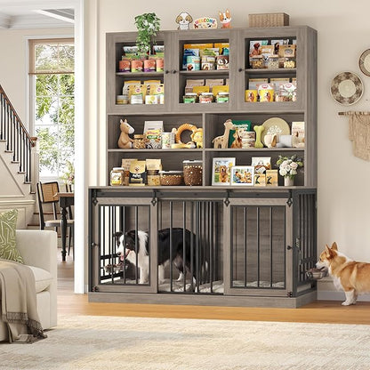 HOSTACK 71" Tall Dog Crate Furniture, 55" W Dog Kennel with Storage Hutch, XL Dog Crate for Dogs with Feeding Bowls, Indoor Heavy Duty Dog Cage with Removable Room Divider, Wooden Pet House, Ash Grey