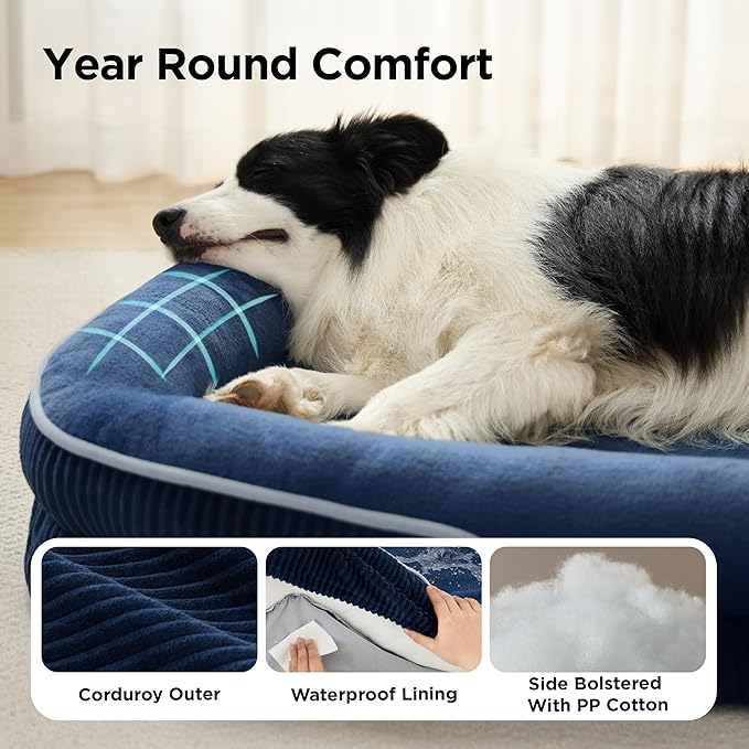 Bedsure Orthopedic Dog Beds Large Sized Dog - 360° Oval Bolster Large Dogs Bed for Senior Dogs with Waterproof Washable Cover, Big Comfort Pet Sofa Couch with Ultra-Soft Fleece, Navy Blue, 35"