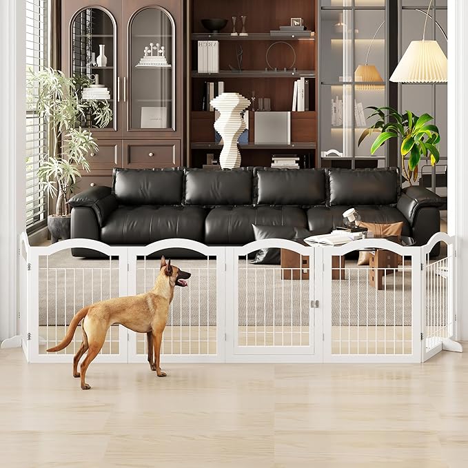 Vantas Folding No-Assembly Dog Door Pet Gate 144" Wide, 30" Tall Wooden Dog Gate with Door Walk Through, Freestanding Wire Pet Gate, Pet Puppy Safety Fence, with 2PCS Support – White