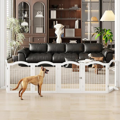 Vantas Folding No-Assembly Dog Door Pet Gate 144" Wide, 30" Tall Wooden Dog Gate with Door Walk Through, Freestanding Wire Pet Gate, Pet Puppy Safety Fence, with 2PCS Support – White