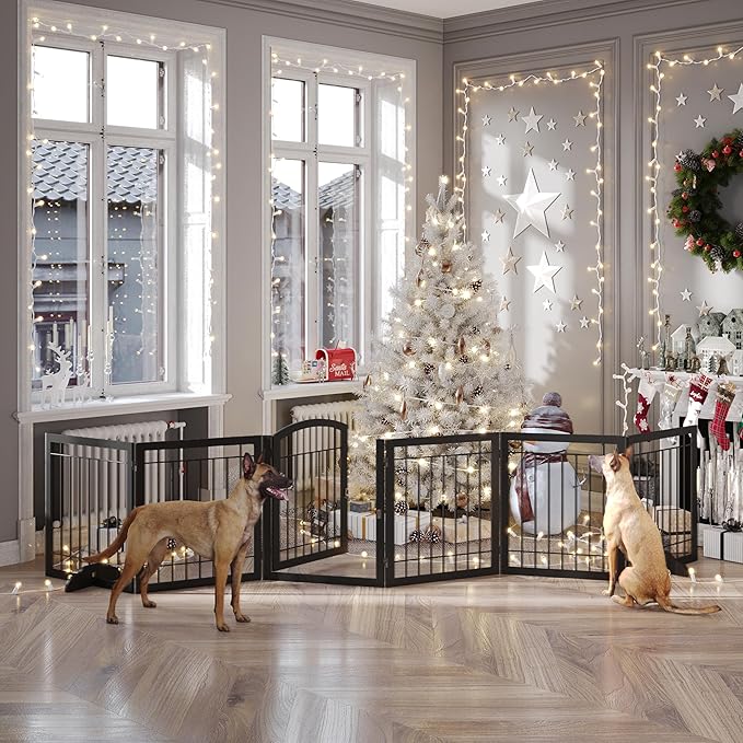 Vantas Folding Pet Gate 144" Wide, 30" Tall No-Assembly Metal Dog Gate, Freestanding Wire Pet Puppy Safety Fence, Extra Wide with 2PCS Support - Black
