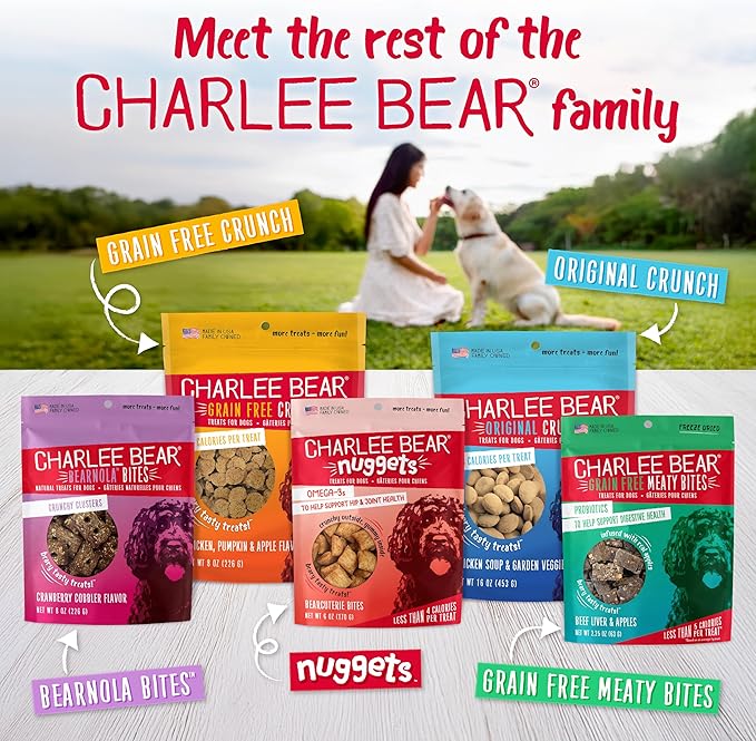 Charlee Bear Crunch Grain Free Dog Treats, Peanut Butter and Banana, 8 Ounce Resealable Bag, Low Calorie Training Treats for Dogs, Limited Ingredient, Healthy, Crunchy Dog Snacks, Made in USA