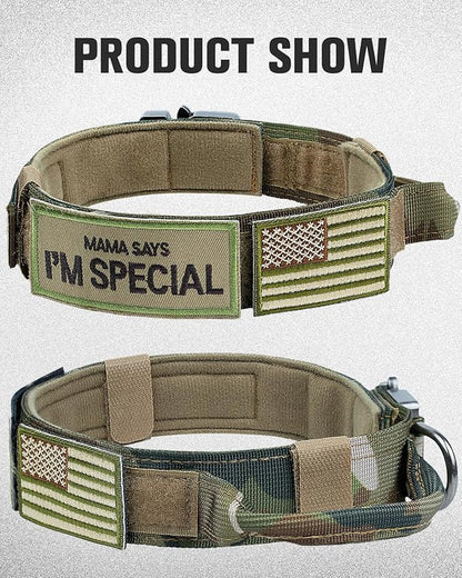 Joytale Tactical Dog Collar with Handle and Metal Buckle, Heavy Duty Padded Military Collar with 2 Patches for Training, Adjustable for Large Dogs, Camouflage, L