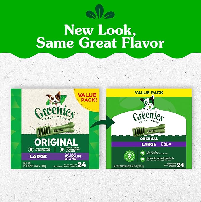 Greenies Veterinarian-Recommended Natural Dental Dog Treats, Large Size, Original Flavor, 36 oz. Pack, 24 Count