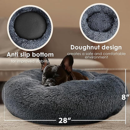 28in Large Dog Bed, Medium Size Dog and Cats, Calming Donut Bed for Puppy and Kitten, Washable Round Fluffy Pet Bed (Dark Grey)